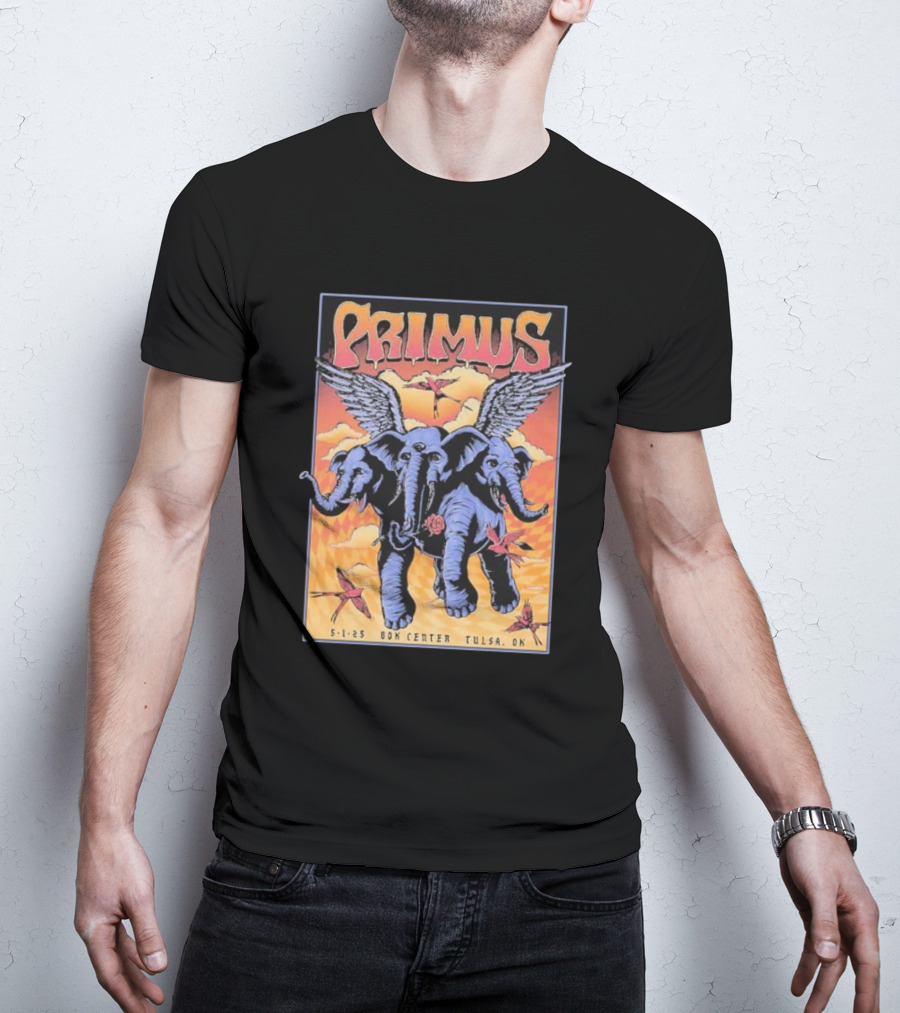 Primus Event Show F4D Studios May 1 2025 Tulsa BOK Center Winged Blue Elephants And Orange Sky Art T-Shirt