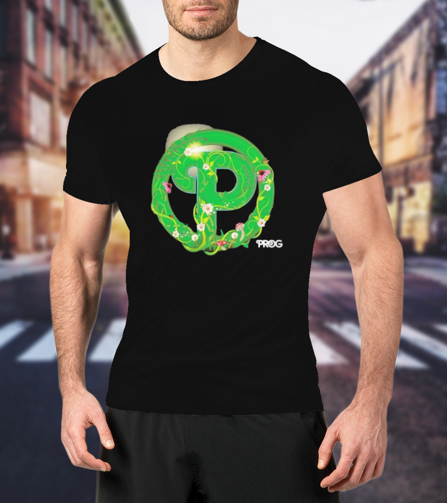 Prog Green Nature-Inspired Letter P With Flowers And Mushrooms T-Shirt