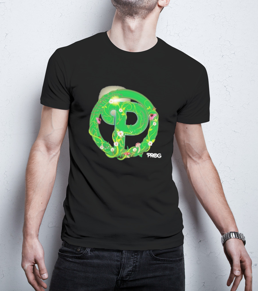 Prog Green Nature-Inspired Letter P With Flowers And Mushrooms T-Shirt