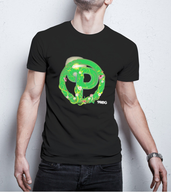 Prog Green Nature-Inspired Letter P With Flowers And Mushrooms T-Shirt