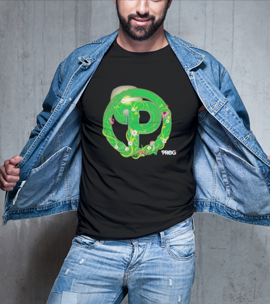 Prog Green Nature-Inspired Letter P With Flowers And Mushrooms T-Shirt