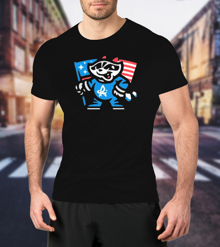 Rocket City Trash Pandas Mascot Holding American Flag And Rocket Logo T-Shirt