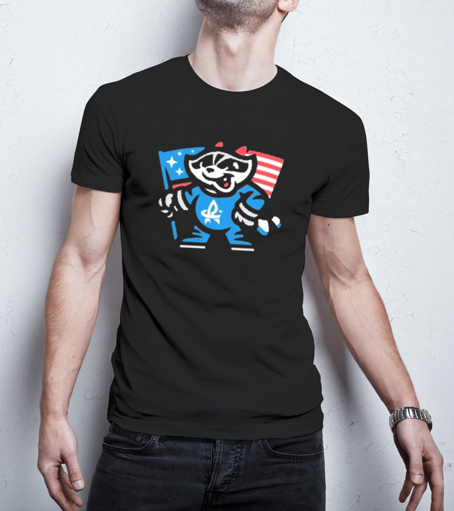 Rocket City Trash Pandas Mascot Holding American Flag And Rocket Logo T-Shirt