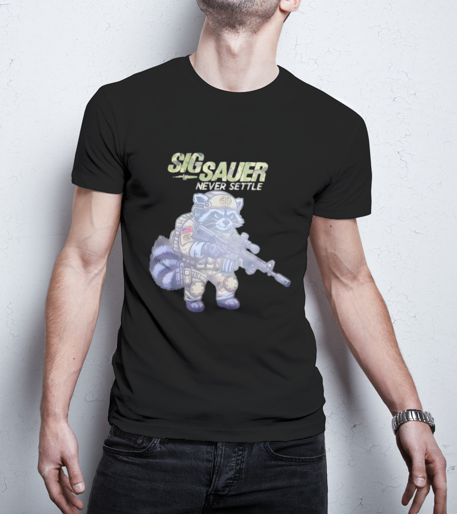 Raccoon Soldier Sig Sauer Never Settle Tactical Gear T-Shirt