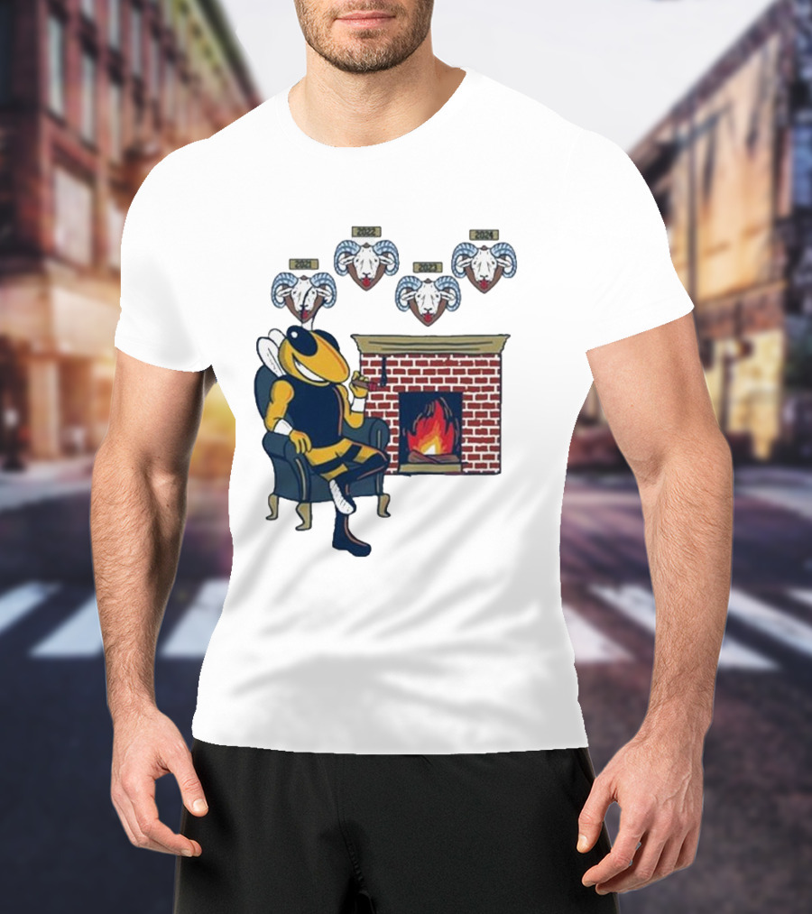 GT Mantel Pocket Yellow Jacket By Fireplace With Ram Trophies T-Shirt