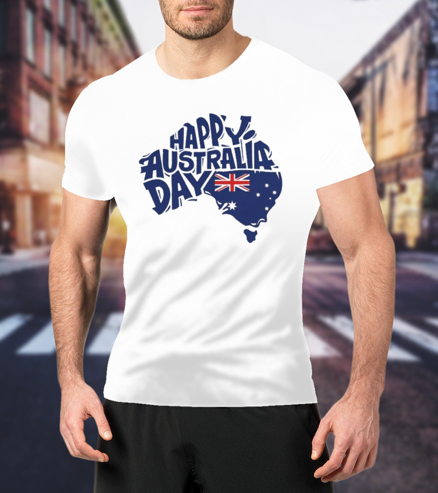 Happy Australia Day Map With Flag Inside Text T-Shirt