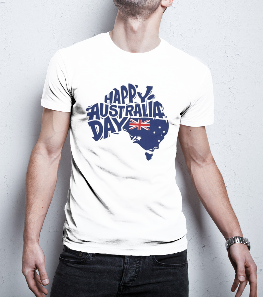 Happy Australia Day Map With Flag Inside Text T-Shirt