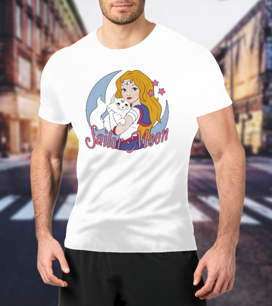 Sailor Moon Holding White Cat With Stars T-Shirt