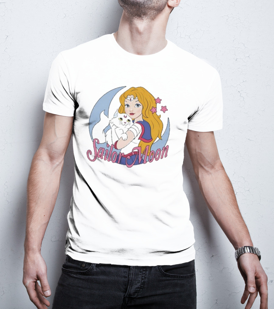 Sailor Moon Holding White Cat With Stars T-Shirt