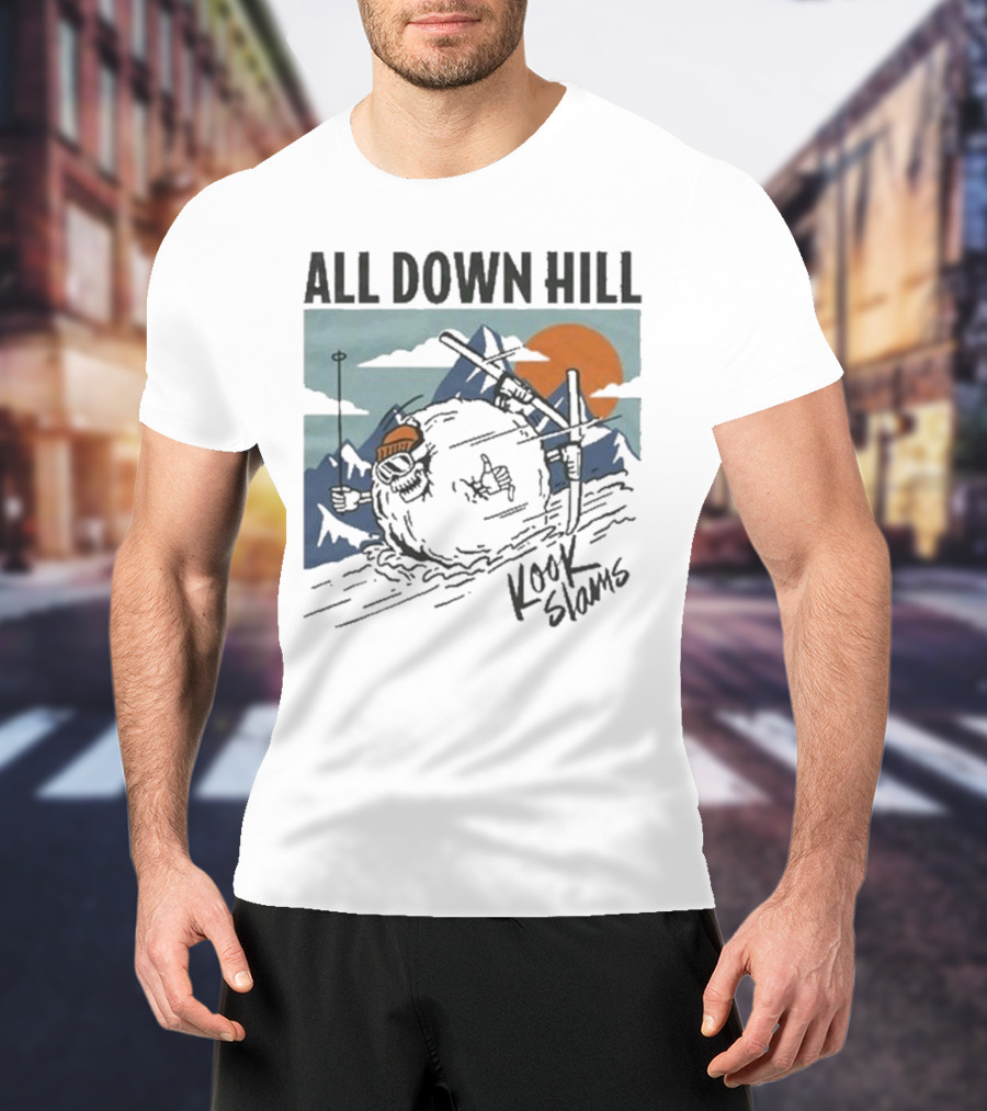 Kook Slams All Down Hill Skiing Adventure Orange Sunset Rugged Mountains T-Shirt
