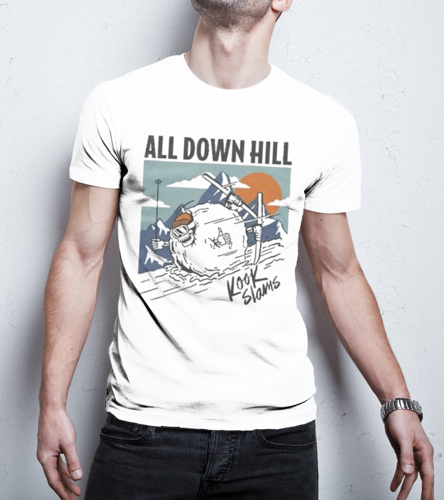 Kook Slams All Down Hill Skiing Adventure Orange Sunset Rugged Mountains T-Shirt