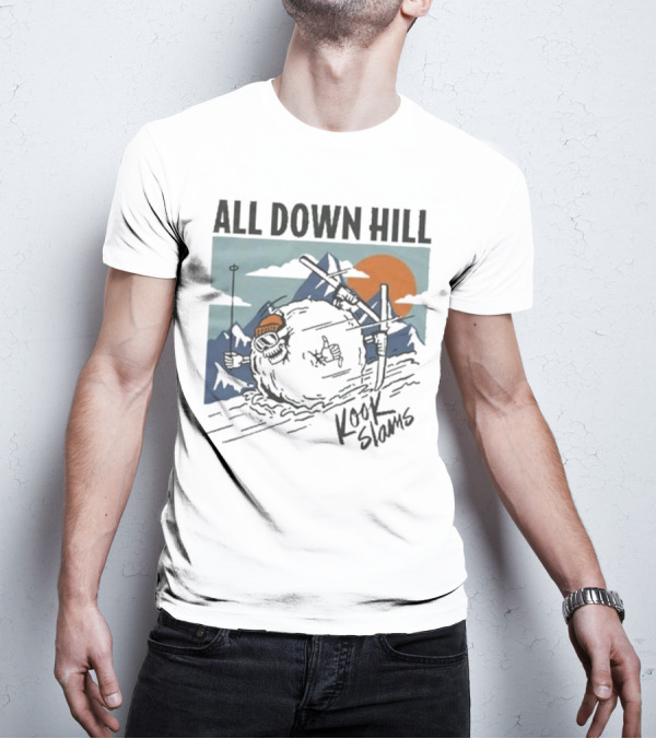 Kook Slams All Down Hill Skiing Adventure Orange Sunset Rugged Mountains T-Shirt