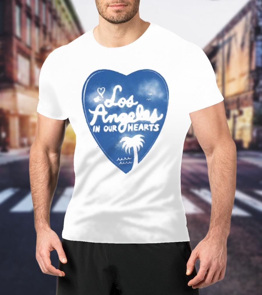 Los Angeles In Our Hearts Blue Heart With Palm Tree T-Shirt