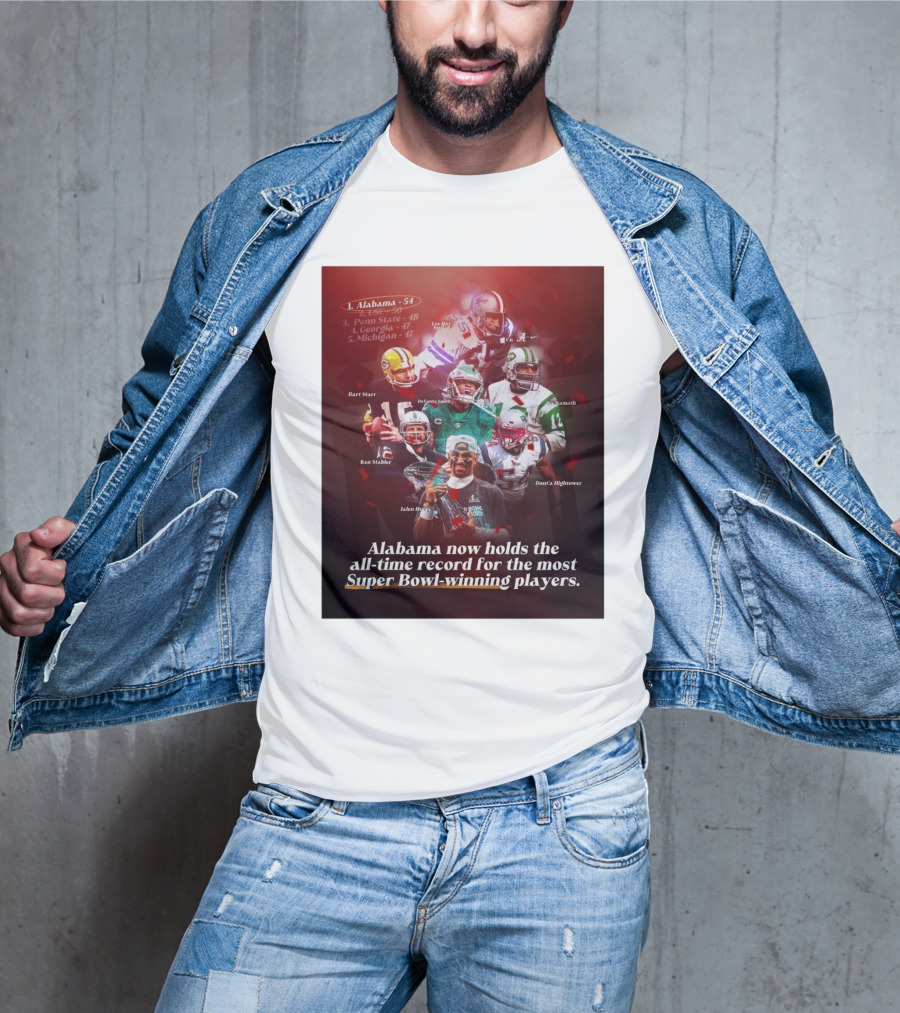 Alabama Now Holds The All-Time Record For Most Super Bowl-Winning Players Jalen Hurts DeVonta Smith Bart Starr Joe Namath T-Shirt
