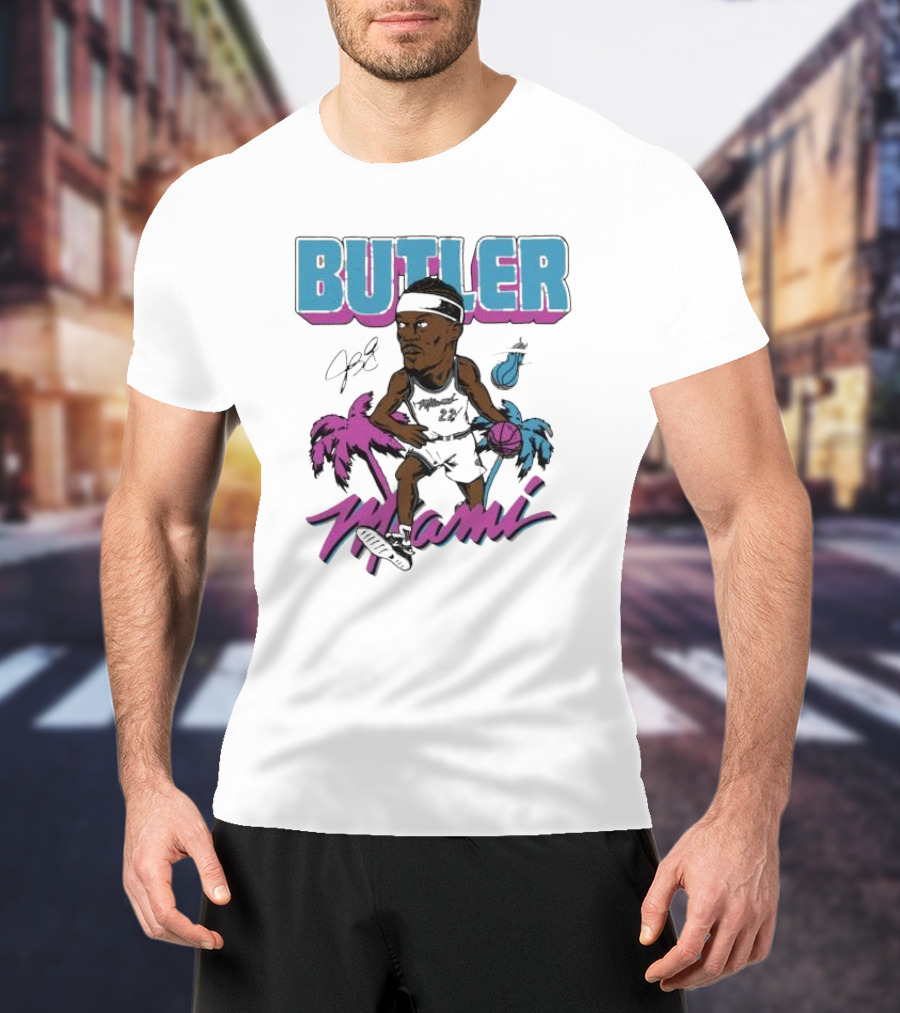 Butler Miami Basketball Caricature With Palm Trees And Flaming Ball T-Shirt