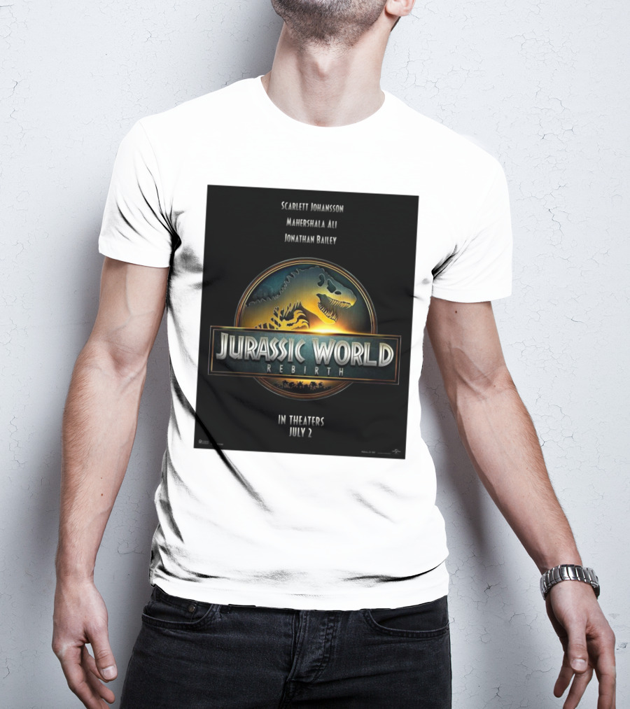Scarlett Johansson Mahershala Ali Jonathan Bailey Jurassic World Rebirth In Theaters July 2 T-Shirt