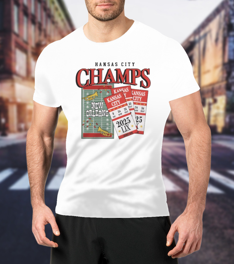 Kansas City Champs New Orleans 2025 LIX Admit One Sec 24 Row 22 Seat T-Shirt