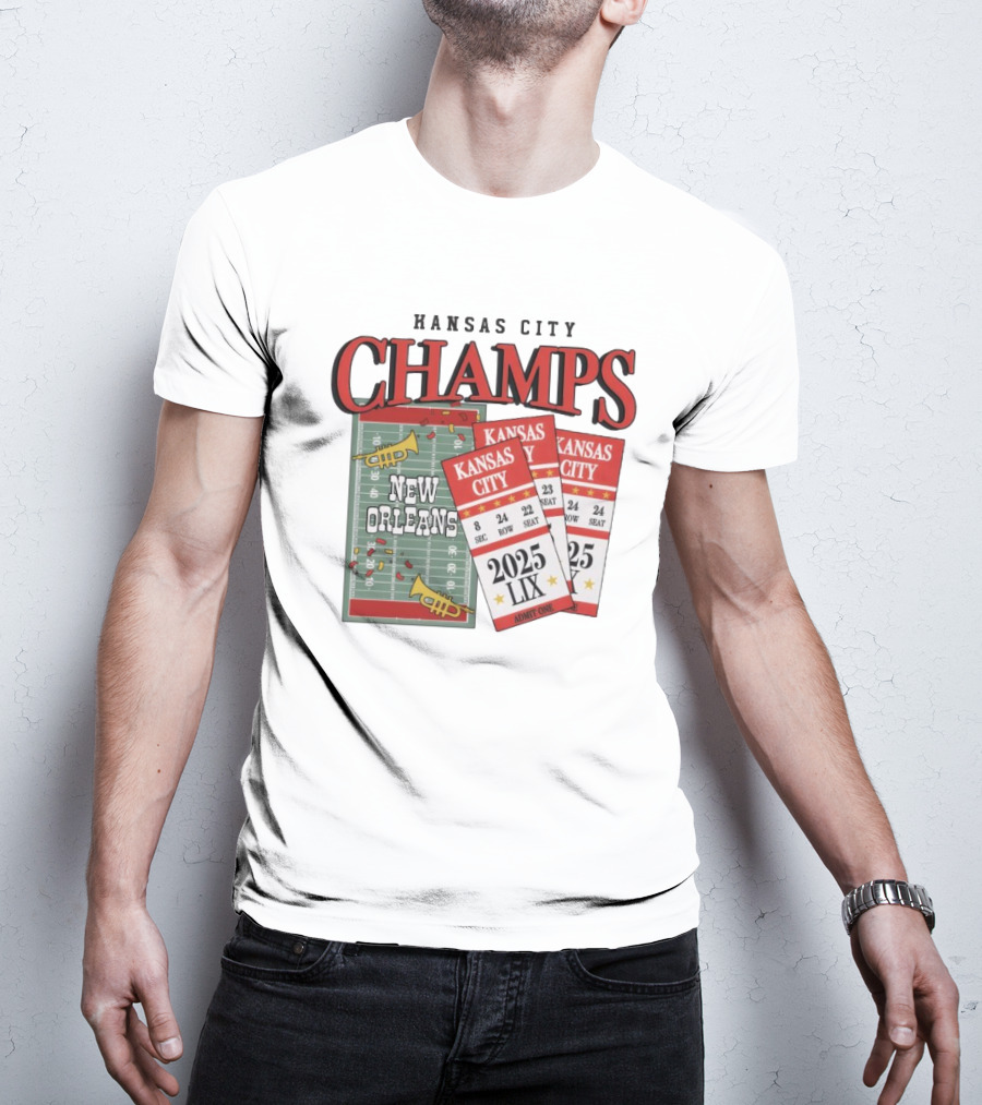 Kansas City Champs New Orleans 2025 LIX Admit One Sec 24 Row 22 Seat T-Shirt