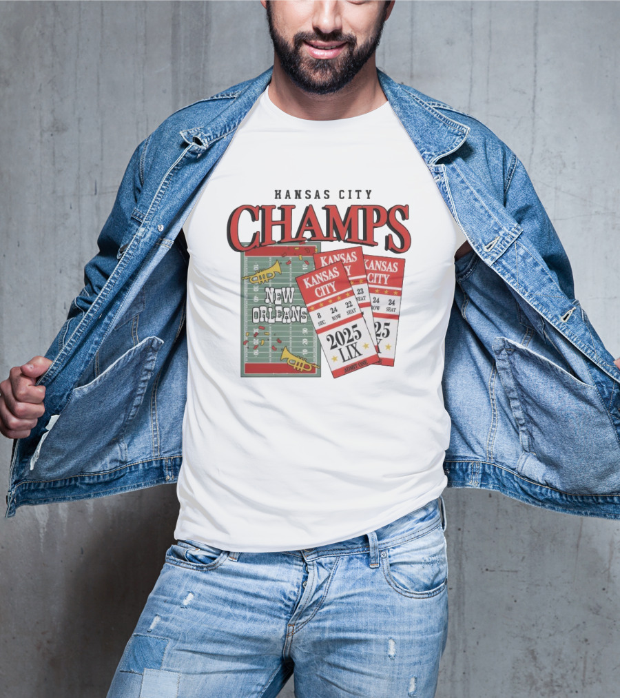 Kansas City Champs New Orleans 2025 LIX Admit One Sec 24 Row 22 Seat T-Shirt