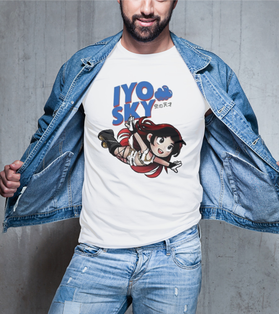 Iyo Sky Anime Character With Red And Black Hair Floating In The Clouds T-Shirt