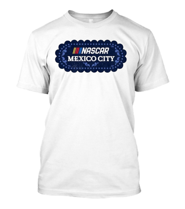 NASCAR Mexico City Scalloped Emblem With Colorful Stripes On Blue Background T-Shirt