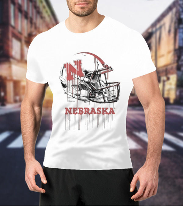 Nebraska Huskers N Dripping Football Helmet T-Shirt