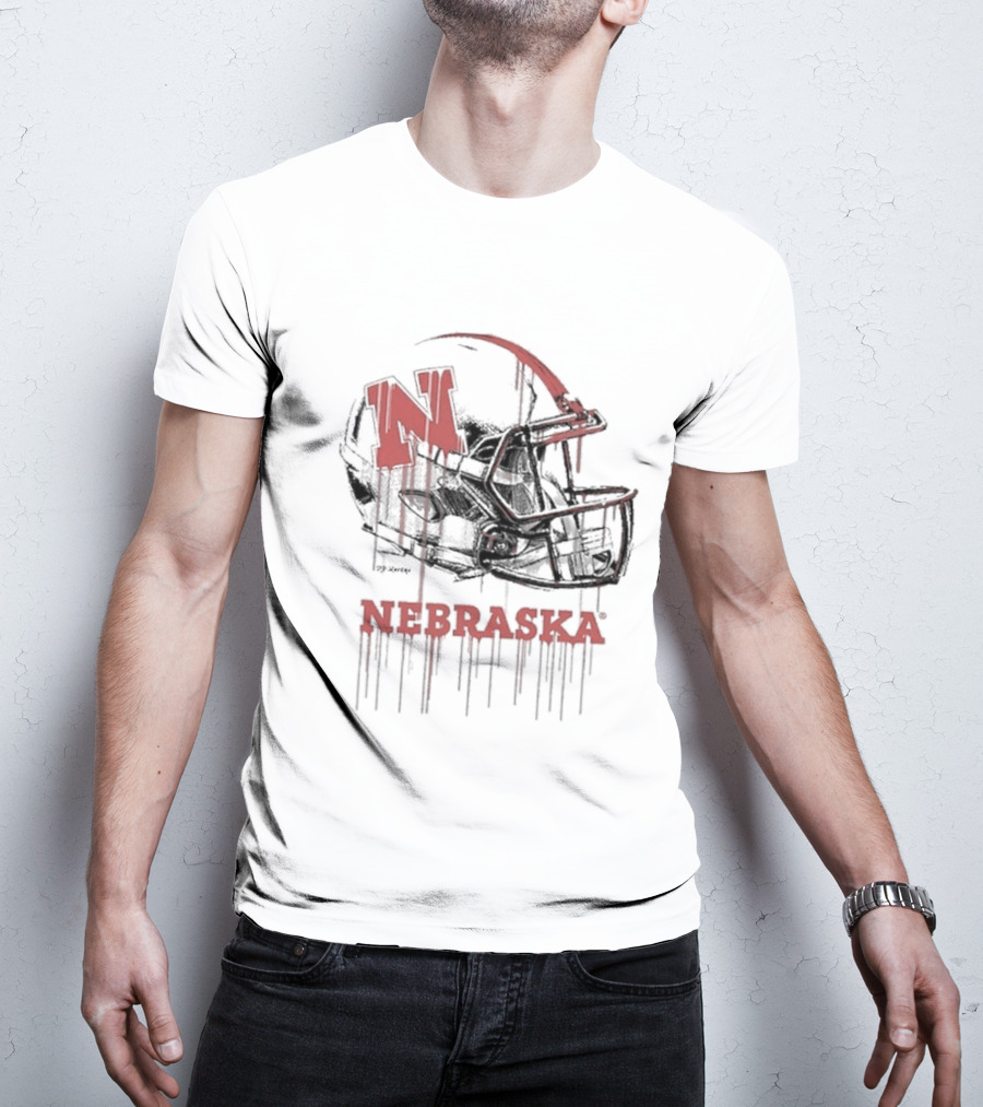 Nebraska Huskers N Dripping Football Helmet T-Shirt