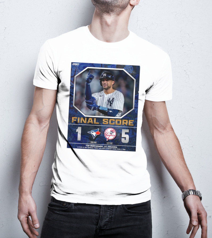 Toronto Blue Jays 1 New York Yankees 5 Final Score Top Performer J.C. Escarra 2-for-4 RBI Single First Major-League Home Run 2 RBI T-Shirt