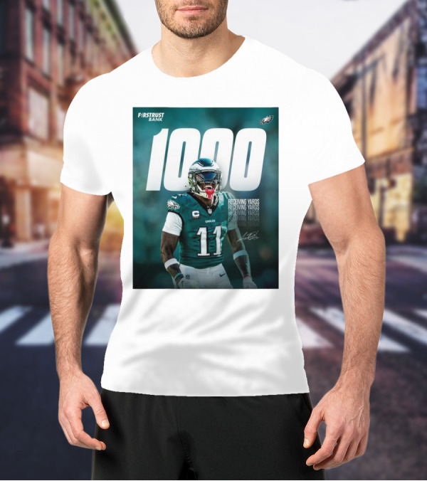 Philadelphia Eagles A.J. Brown 1000 Receiving Yards Signature Fly Eagles Fly NFL T-Shirt