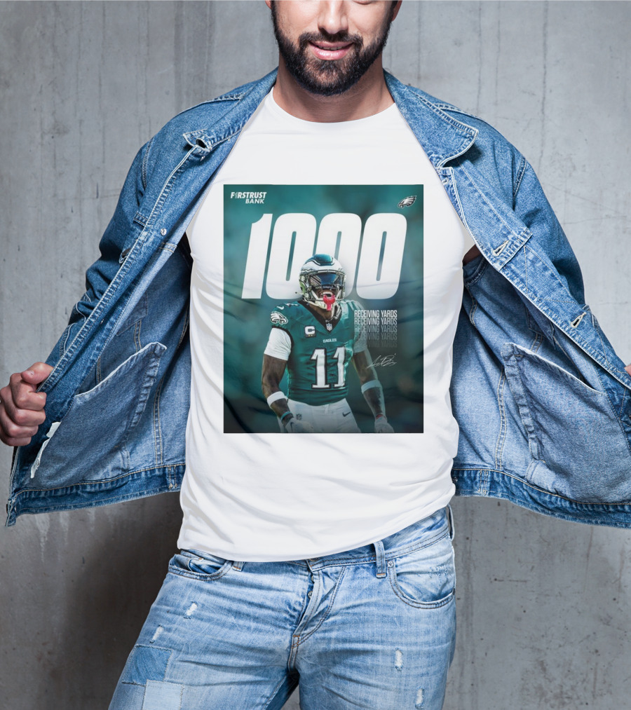 Philadelphia Eagles A.J. Brown 1000 Receiving Yards Signature Fly Eagles Fly NFL T-Shirt