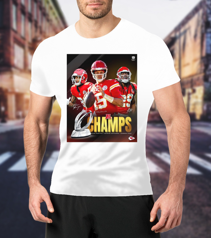 Kansas City Chiefs AFC Champs Nikko Remigio Patrick Mahomes II Kareem Hunt Signatures T-Shirt