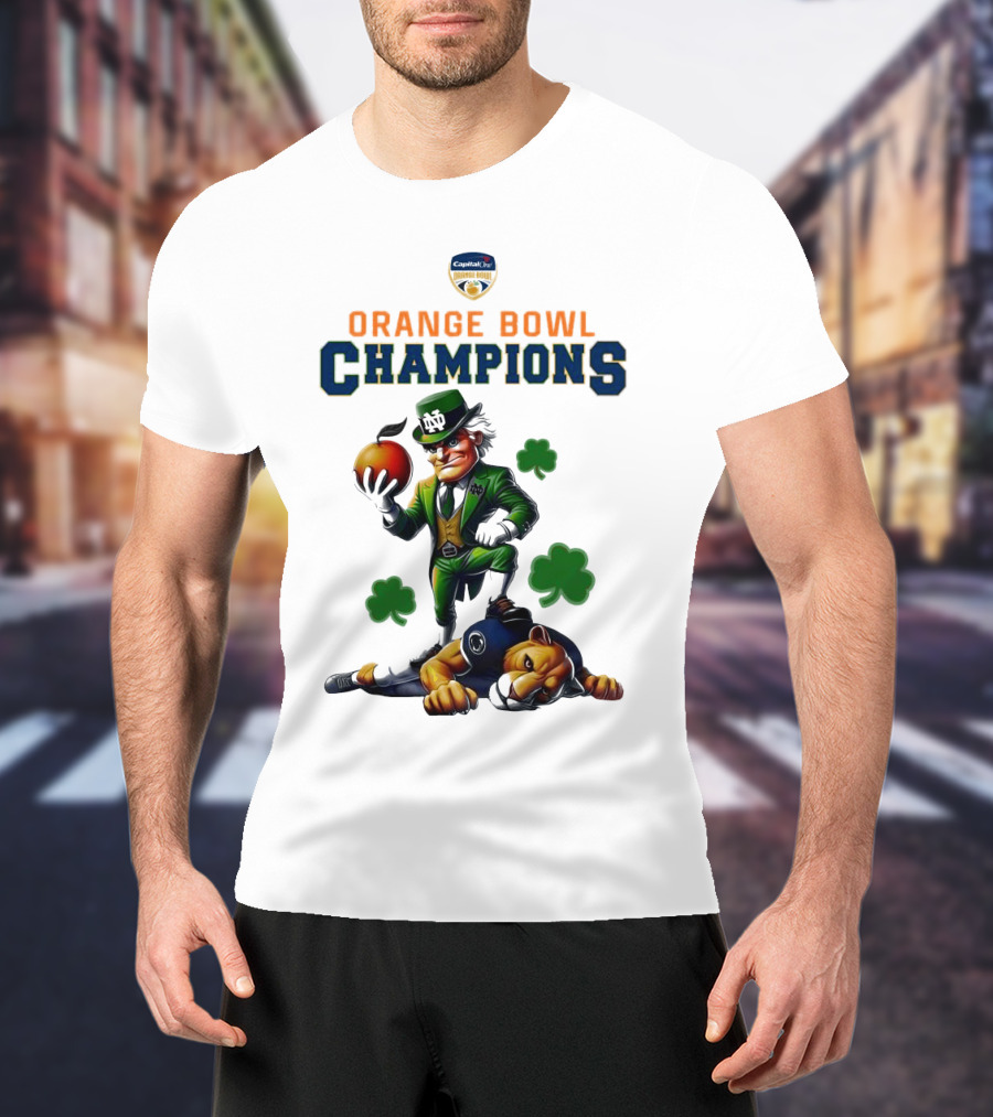 Notre Dame Fighting Irish 2025 Orange Bowl Champions Mascot Celebration Shamrocks T-Shirt
