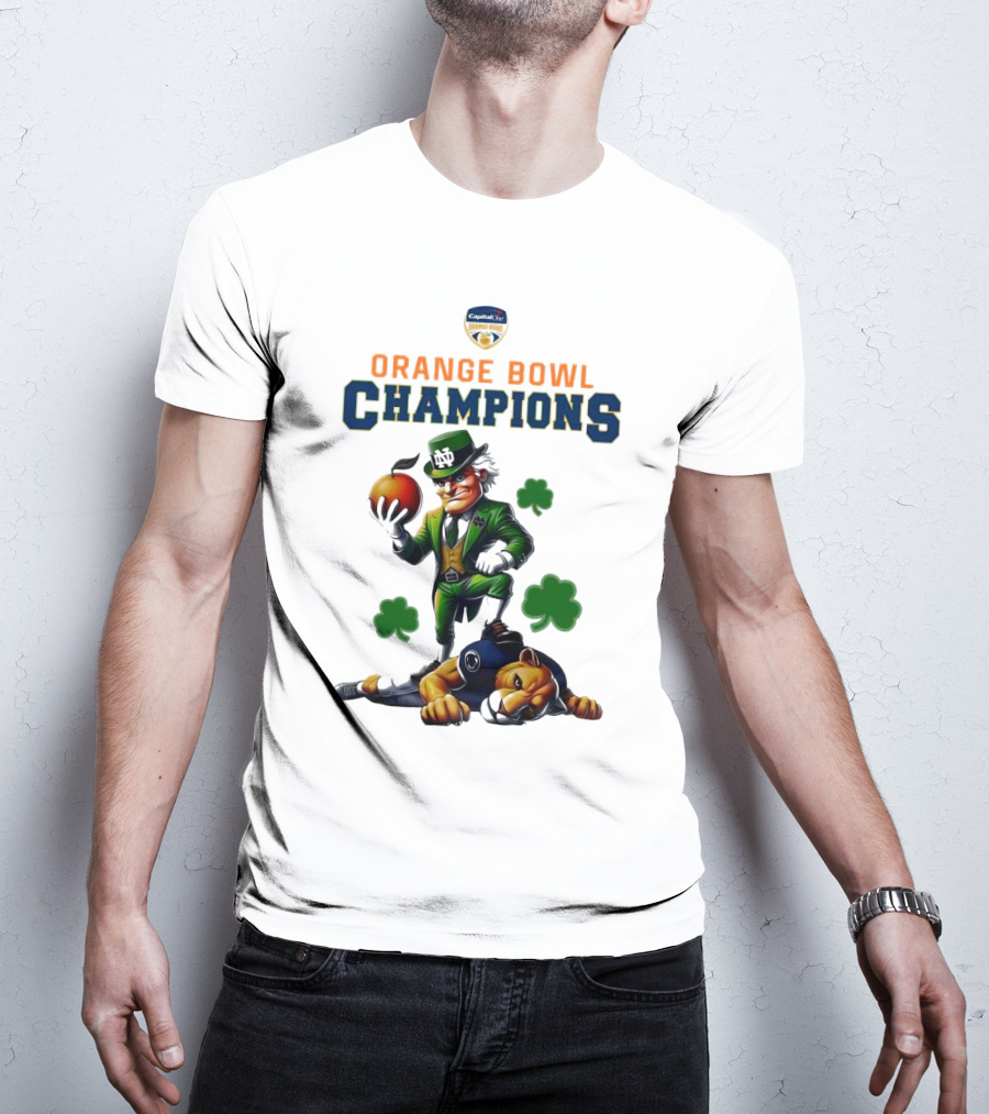Notre Dame Fighting Irish 2025 Orange Bowl Champions Mascot Celebration Shamrocks T-Shirt