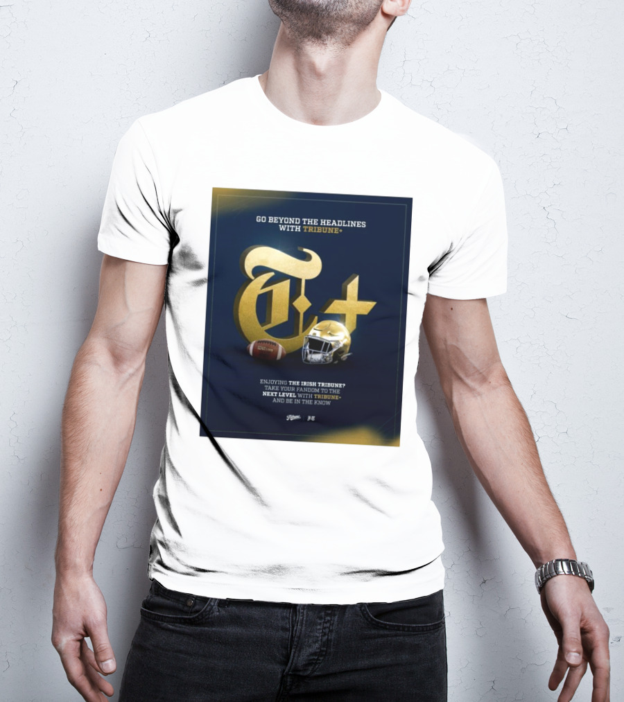 Notre Dame Fighting Irish Tribune+ Go Beyond The Headlines Football Helmet T-Shirt