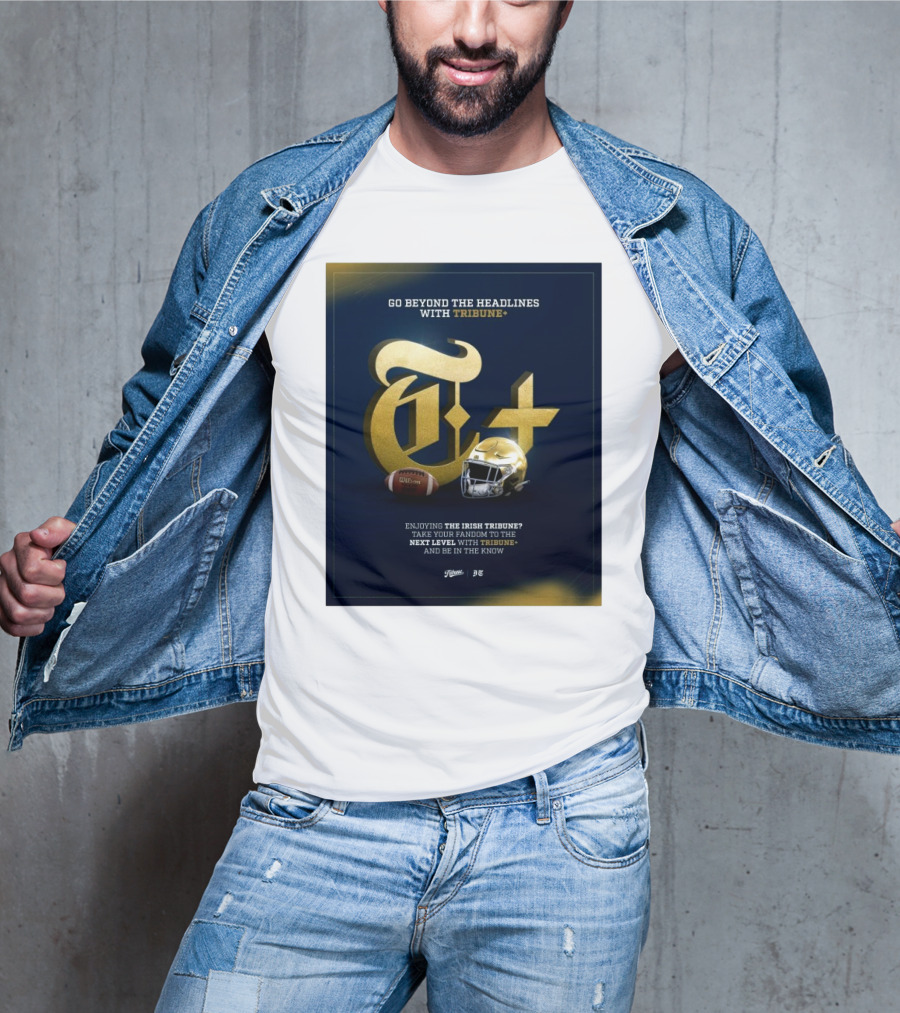 Notre Dame Fighting Irish Tribune+ Go Beyond The Headlines Football Helmet T-Shirt
