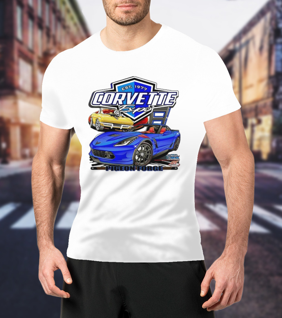 Corvette Expo Pigeon Forge 1977 Blue And Yellow Cars Cruise The Smokies T-Shirt