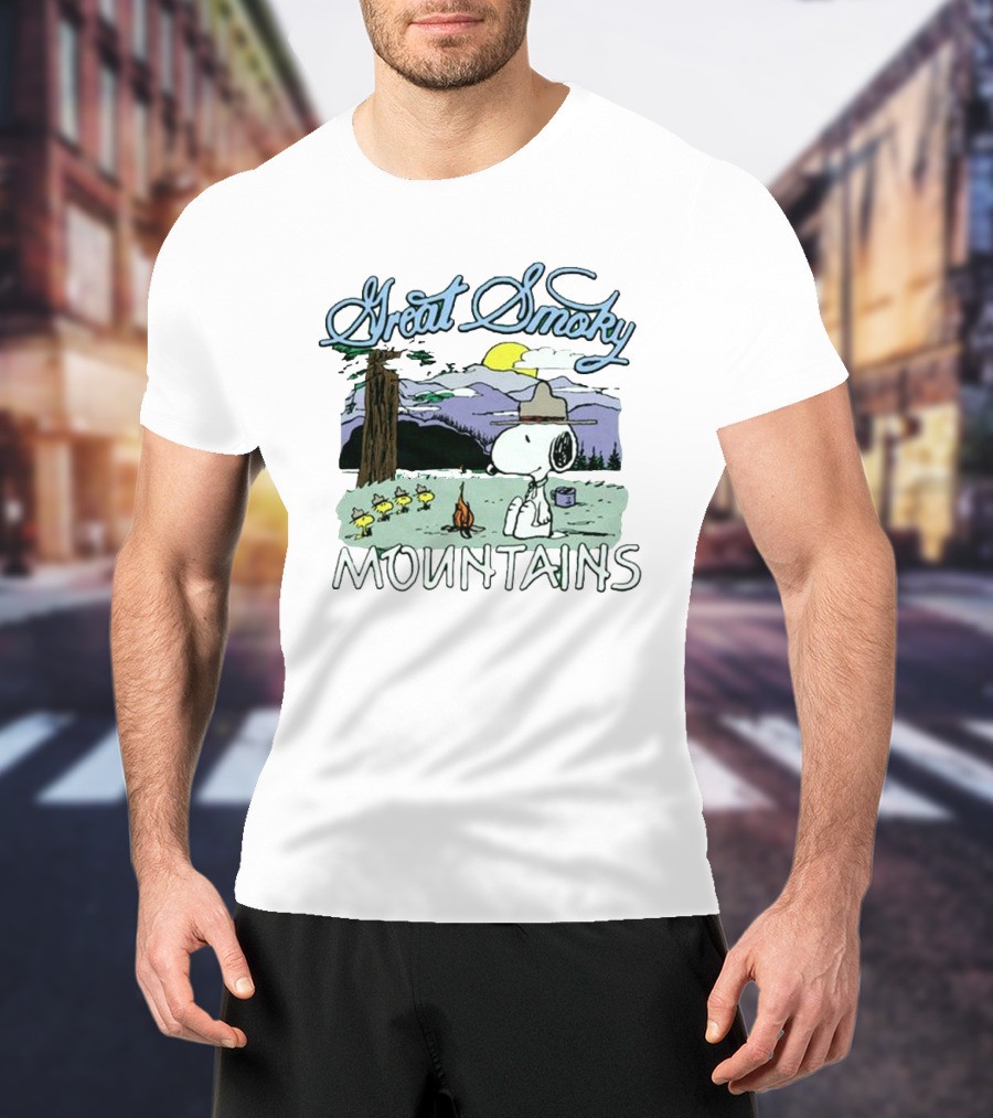 Snoopy Great Smoky Mountains Camping Scene With Woodstock Characters T-Shirt
