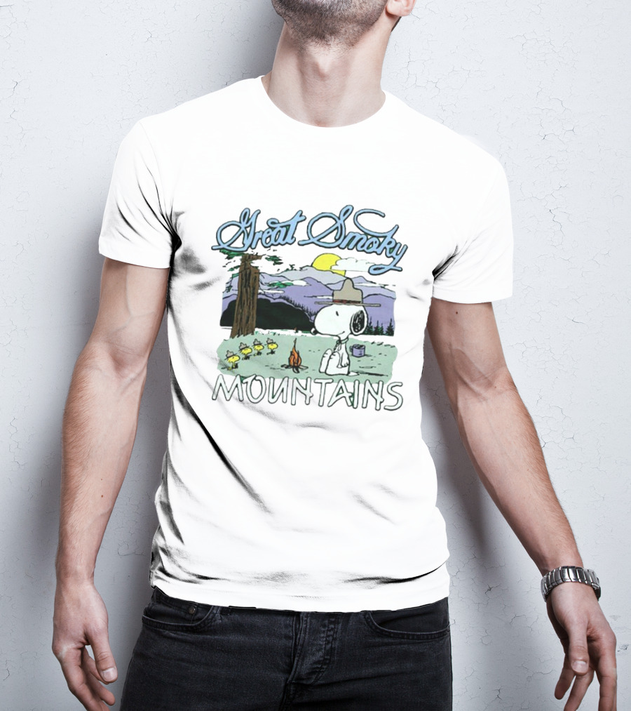 Snoopy Great Smoky Mountains Camping Scene With Woodstock Characters T-Shirt