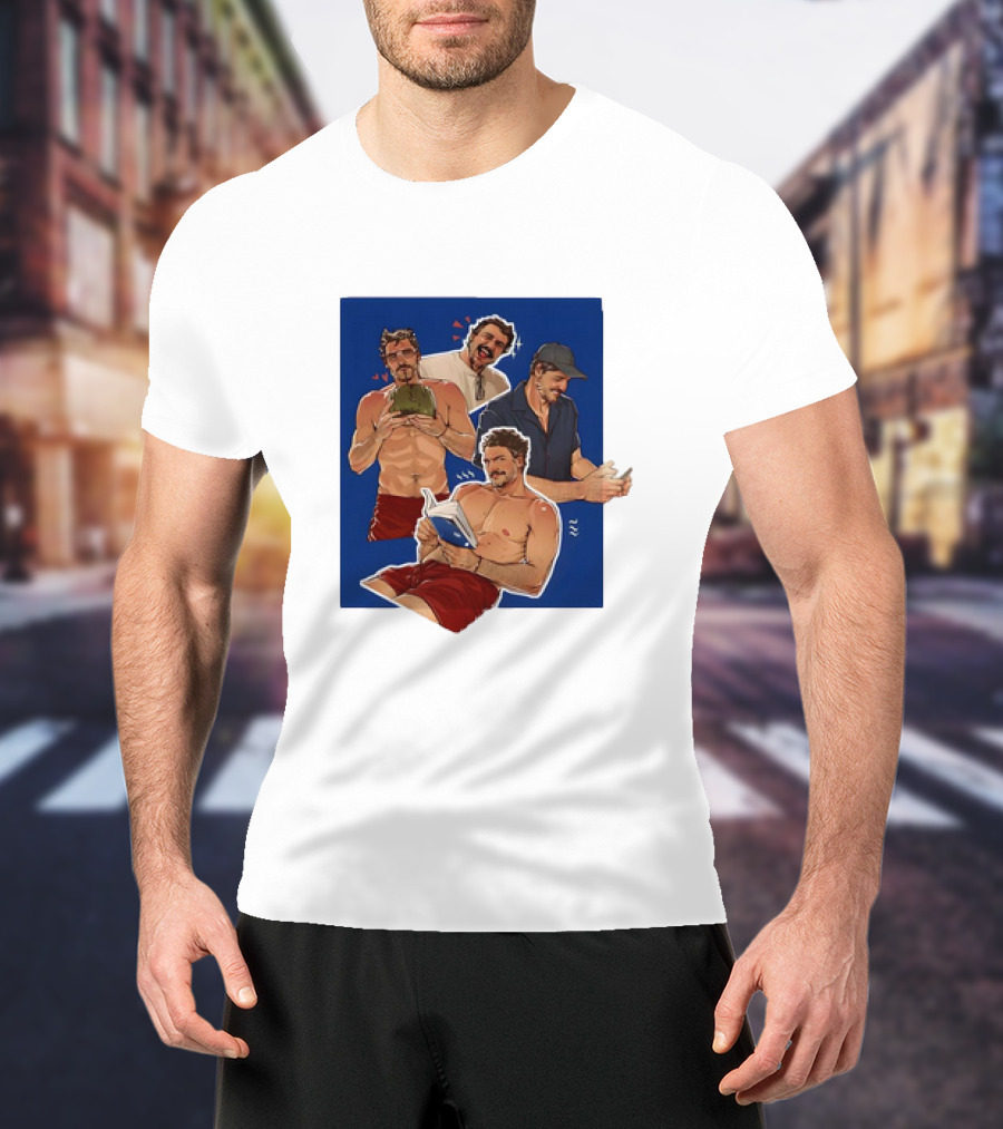 Pedro Pascal Humorous Illustrated Collage Reading And Relaxing Moments T-Shirt