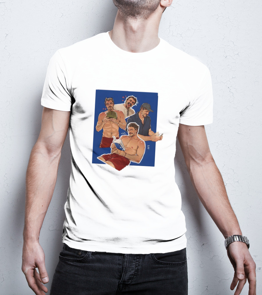 Pedro Pascal Humorous Illustrated Collage Reading And Relaxing Moments T-Shirt