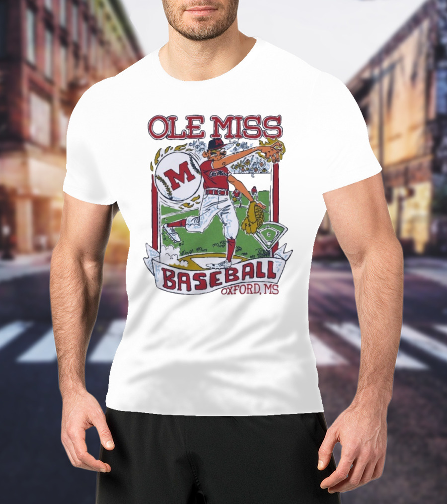 Ole Miss Baseball Oxford MS Pitcher Illustration With M Logo T-Shirt