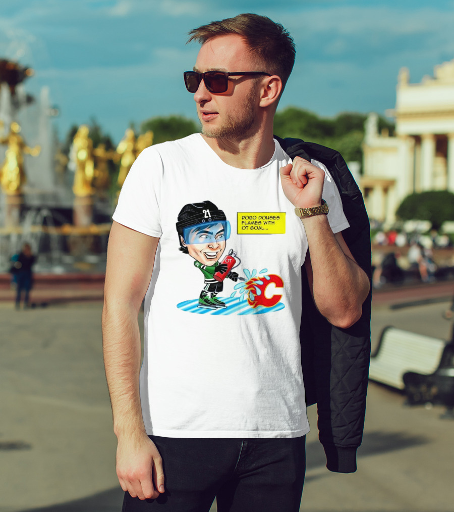 Robo Douses Flames With OT Goal Hockey Player Cartoon Extinguishing Calgary Flame Logo T-Shirt