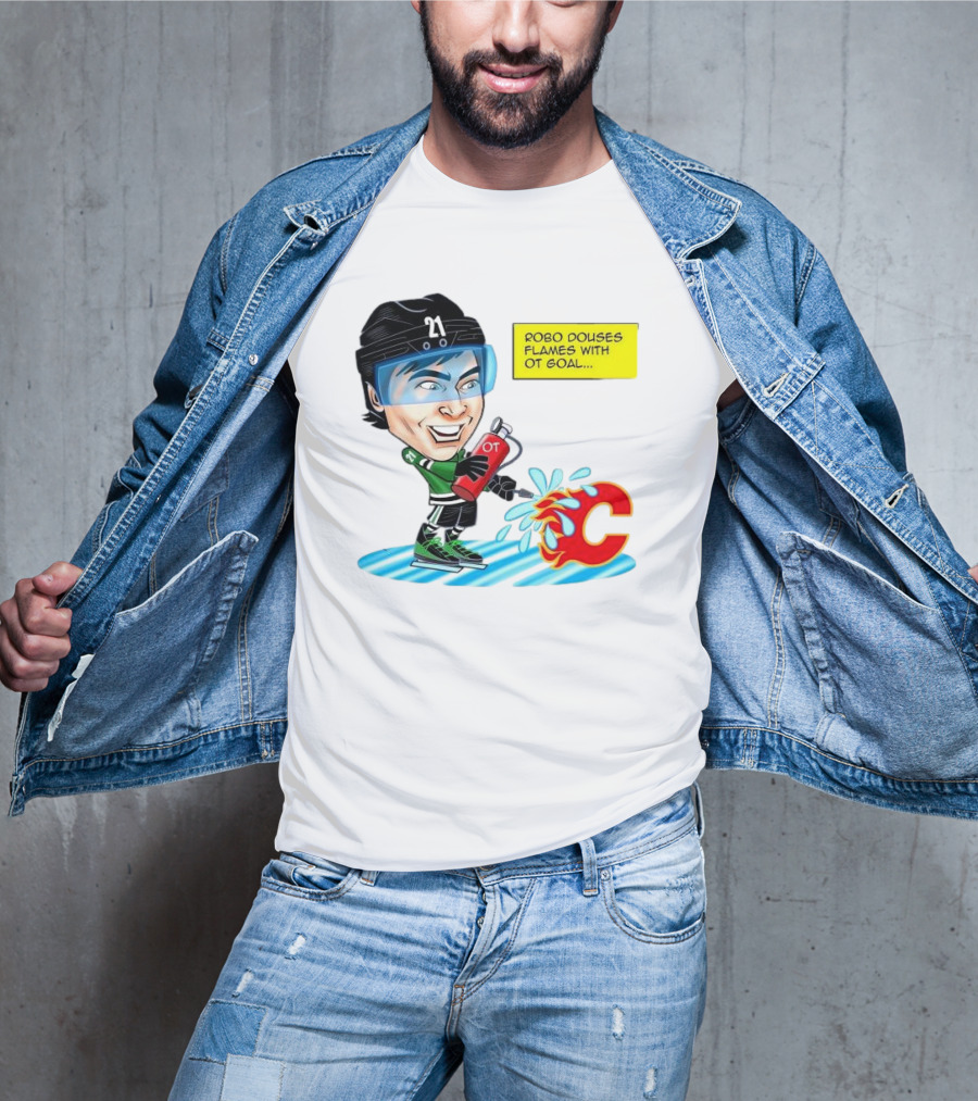 Robo Douses Flames With OT Goal Hockey Player Cartoon Extinguishing Calgary Flame Logo T-Shirt