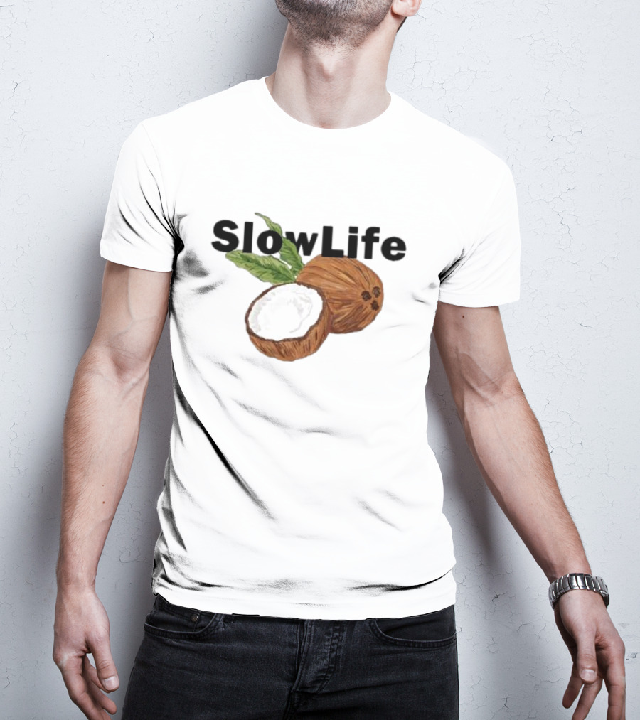 Slow Life Coconut Illustration With Text And Leaves T-Shirt