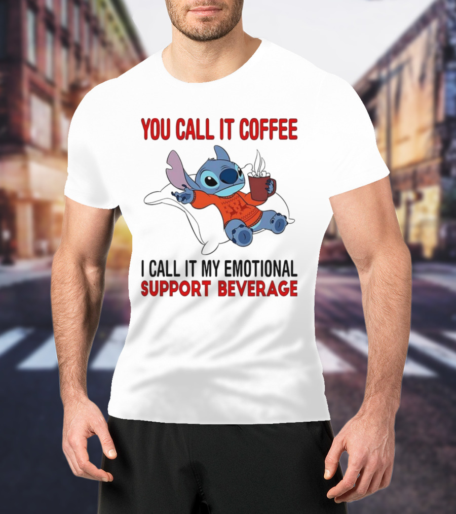 Stitch You Call It Coffee I Call It My Emotional Support Beverage Blue Alien Character With Hot Drink In Red Sweater T-Shirt