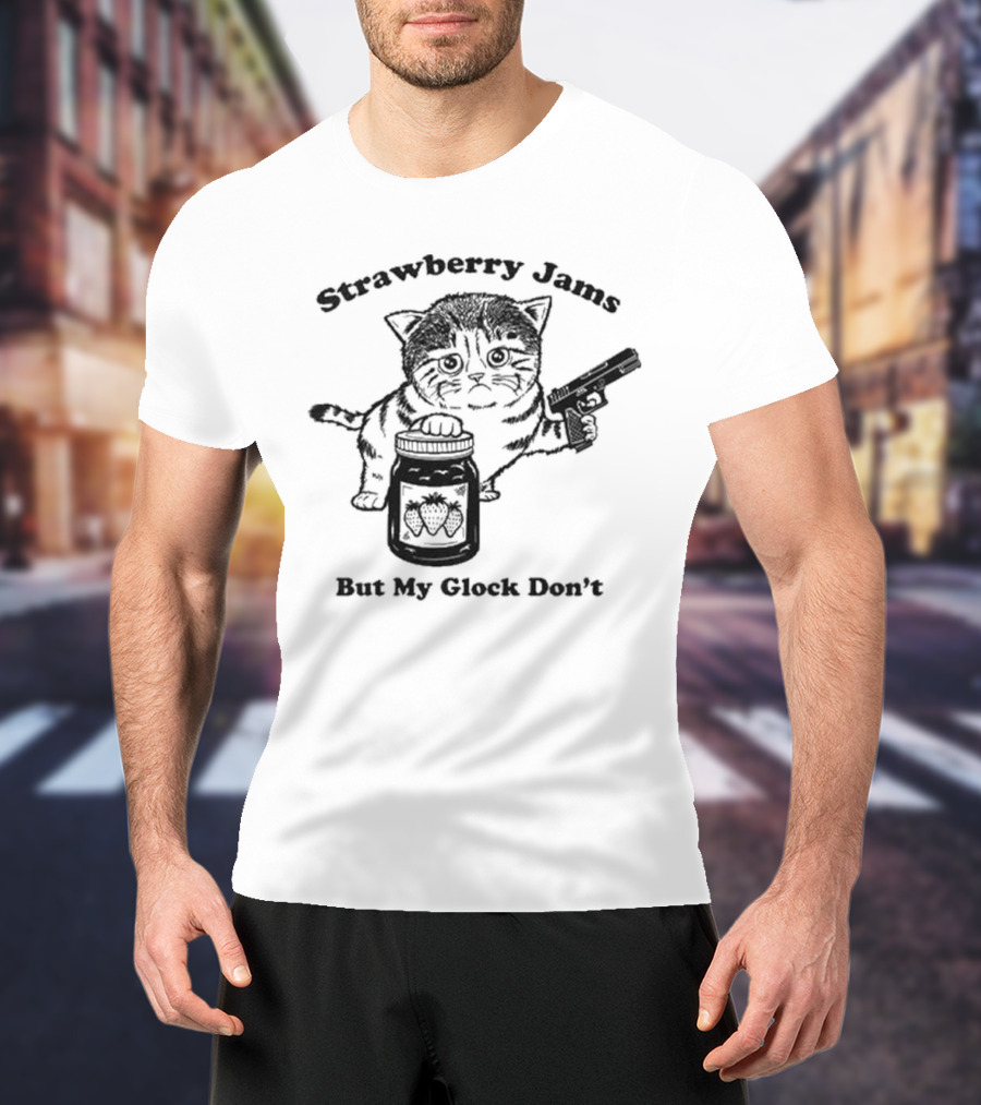 Strawberry Jams Cat With Gun And Jar T-Shirt