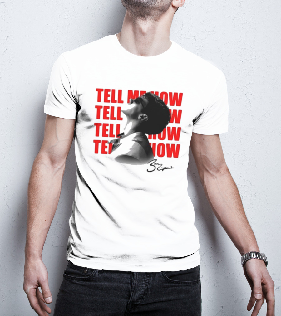 Tell Me How Ben Rodrigues Signature Black And White Artistic Portrait With Repeated Text In Eye-Catching Red Style T-Shirt