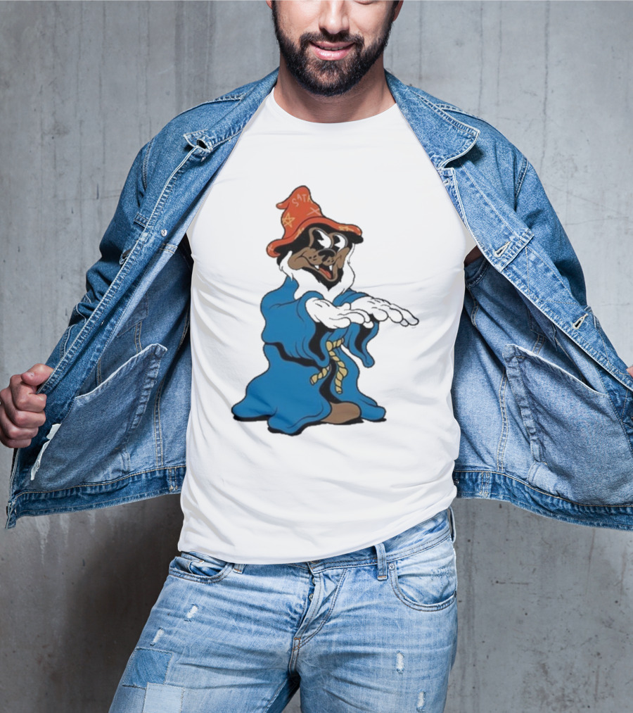 The Dudes It’s All Wavy Wizard Dog In Blue Robe With Orange Star Hat T-Shirt