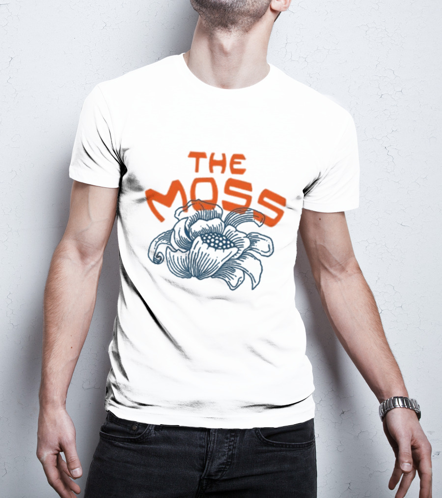 The Moss Flower 2025 Bold Blue And Orange Text Over Artistic Floral Illustration T-Shirt