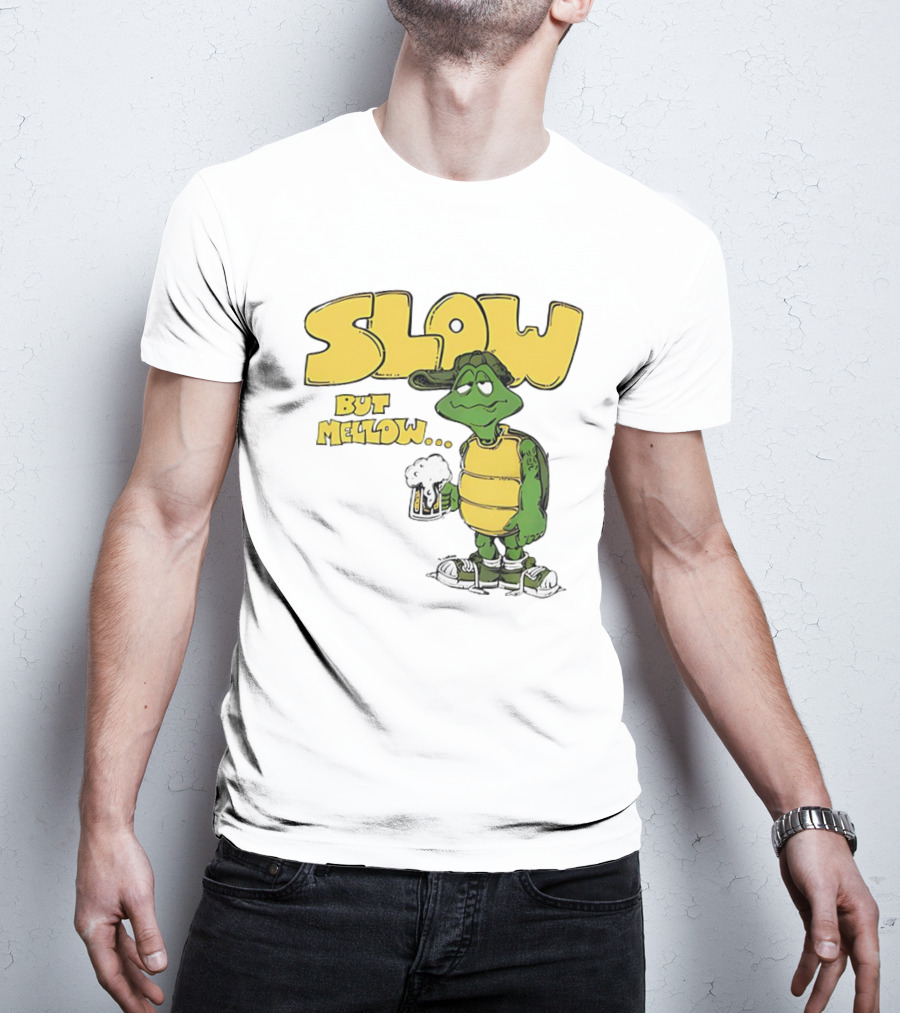 Slow But Mellow Turtle With Beer Retro Vintage 70s Style T-Shirt